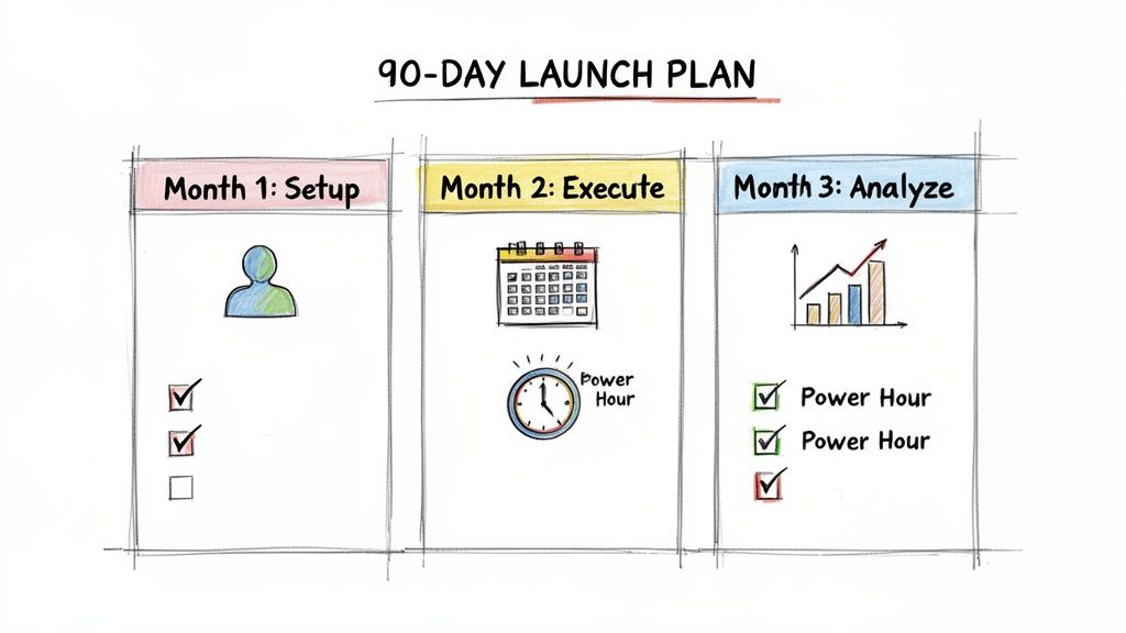 A hand-drawn 90-day launch plan visual, outlining phases for setup, execution, and analysis with icons.