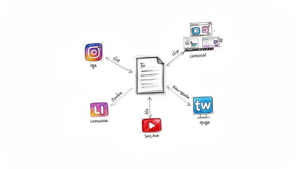 Diagram showing how to repurpose content across Instagram, LinkedIn, YouTube, and Twitter social media platforms.