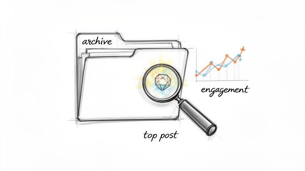 A sketch of an archive folder, a magnifying glass highlighting a "top post" gem, and an engagement graph.