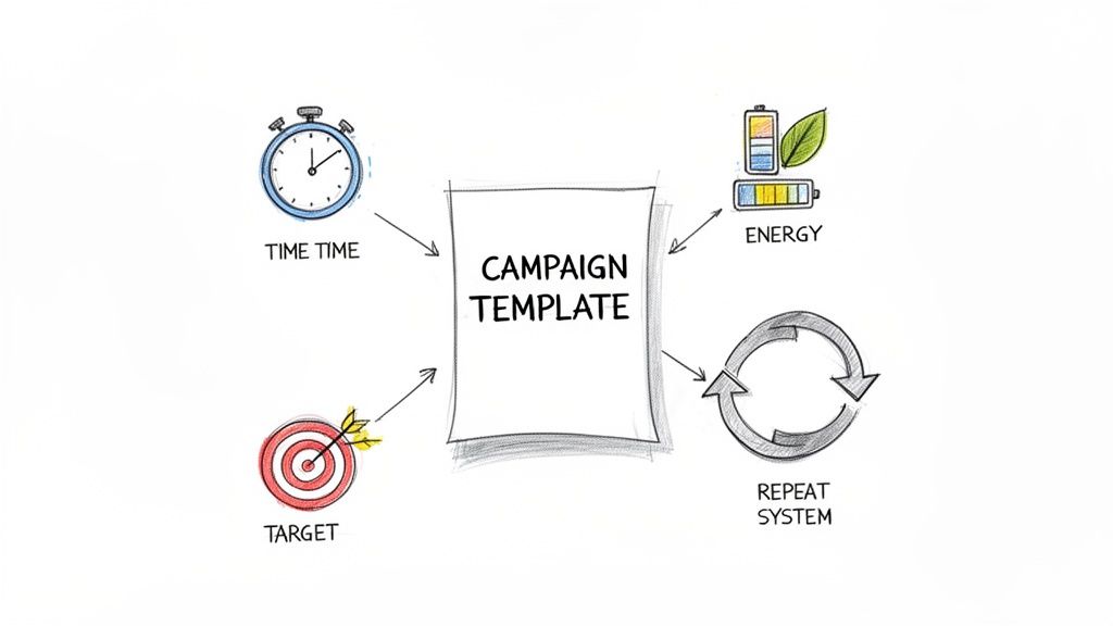 A diagram showing a campaign template connected to time, energy, target, and a repeat system.