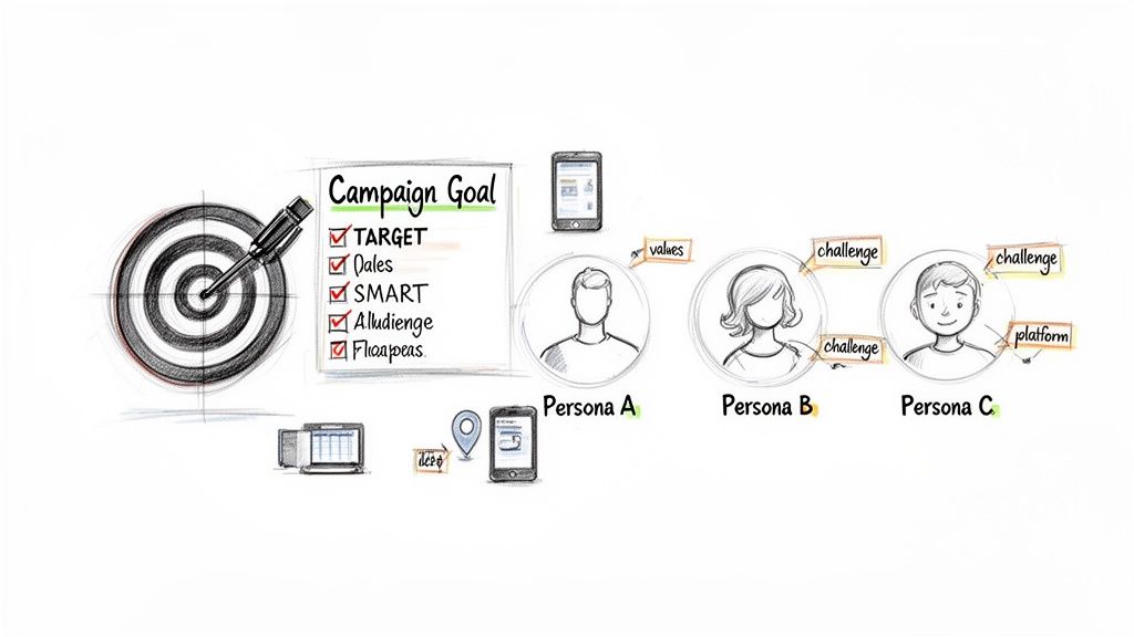 Campaign planning illustration with goals, audience, and three distinct personas showing values, challenges, and platforms.