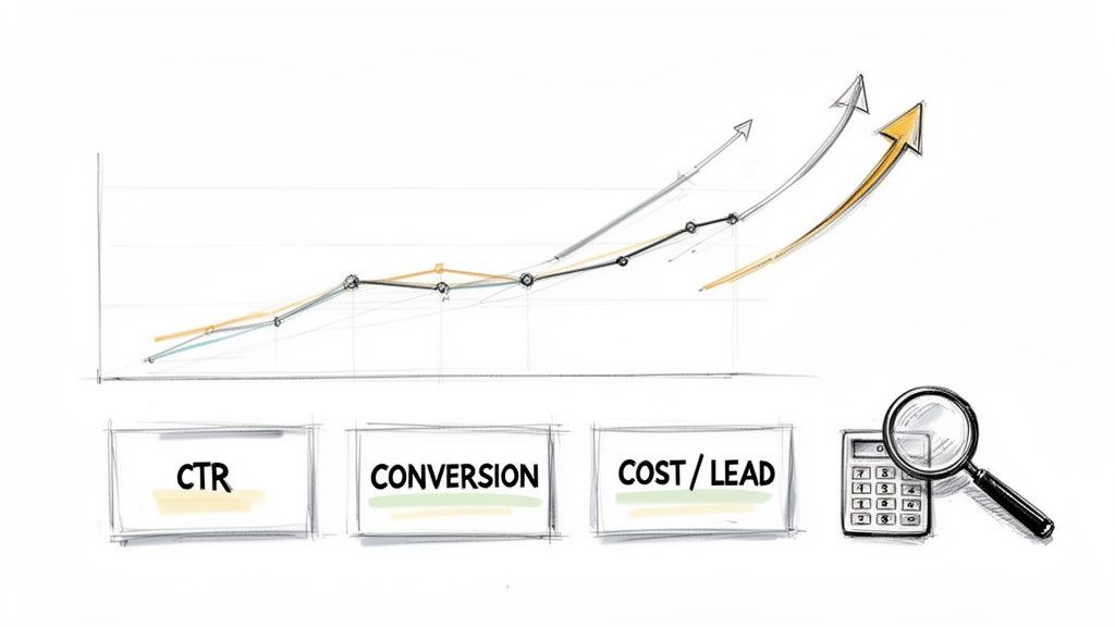Hand-drawn graph showing rising marketing metrics like CTR, conversion, and cost/lead, with a calculator and magnifying glass.