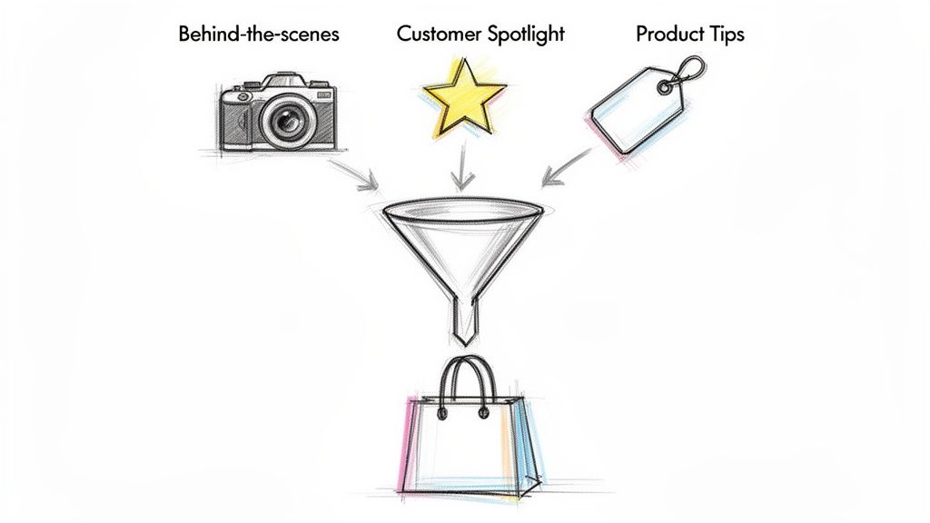 A diagram showing behind-the-scenes, customer spotlight, and product tips content funneling into a shopping bag.