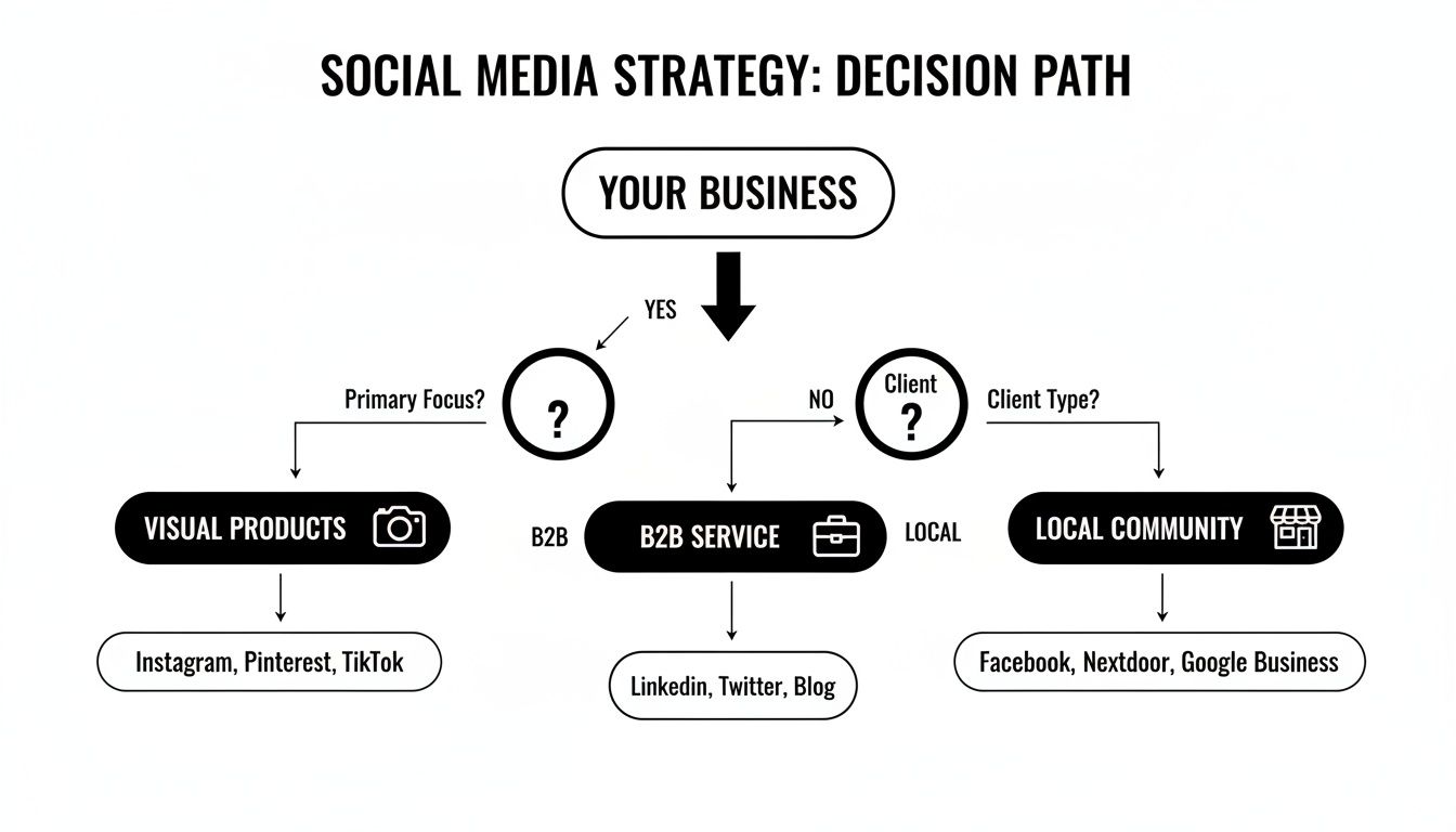 A flowchart guiding businesses to select social media platforms based on primary focus and client type.