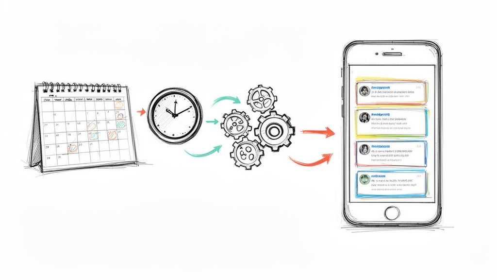 Image depicts a calendar, clock, gears, and smartphone with social media posts, illustrating content scheduling.