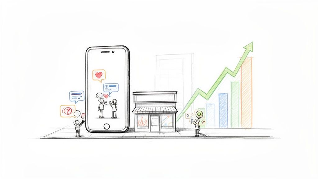 An illustration shows a phone with social media interactions, a small business, and rising growth graphs.
