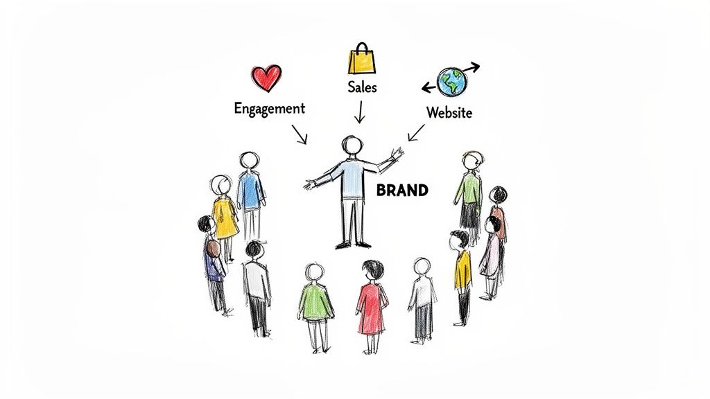 Diagram shows a central brand figure surrounded by people, connecting to engagement, sales, and website.