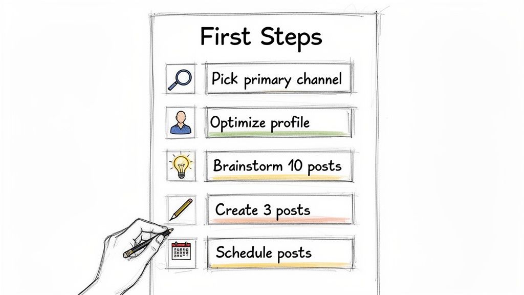 A checklist titled 'First Steps' for social media management: pick channel, optimize profile, brainstorm, create, and schedule posts.