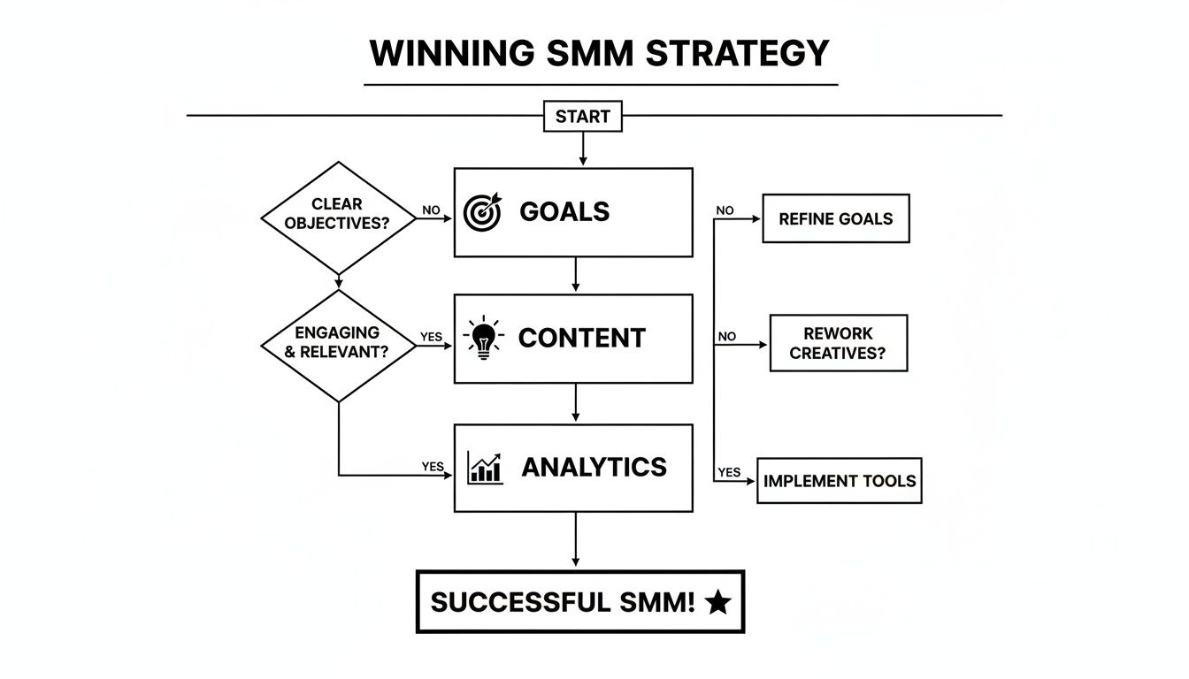 Flowchart illustrating a winning SMM strategy, detailing steps from goals to content, analytics, and refinement.