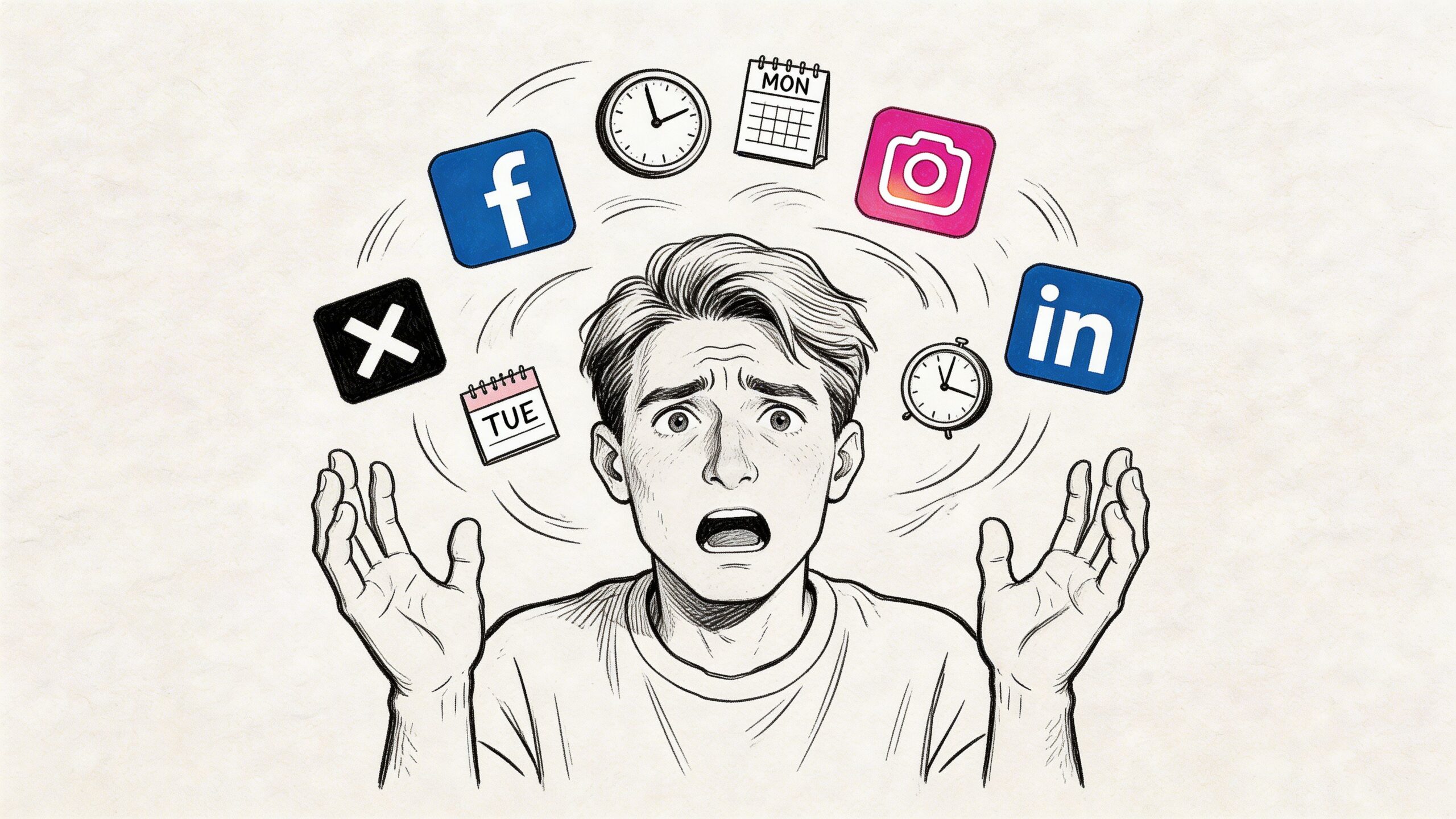 A stressed young man surrounded by social media icons, clocks, and calendars indicating a busy digital schedule.