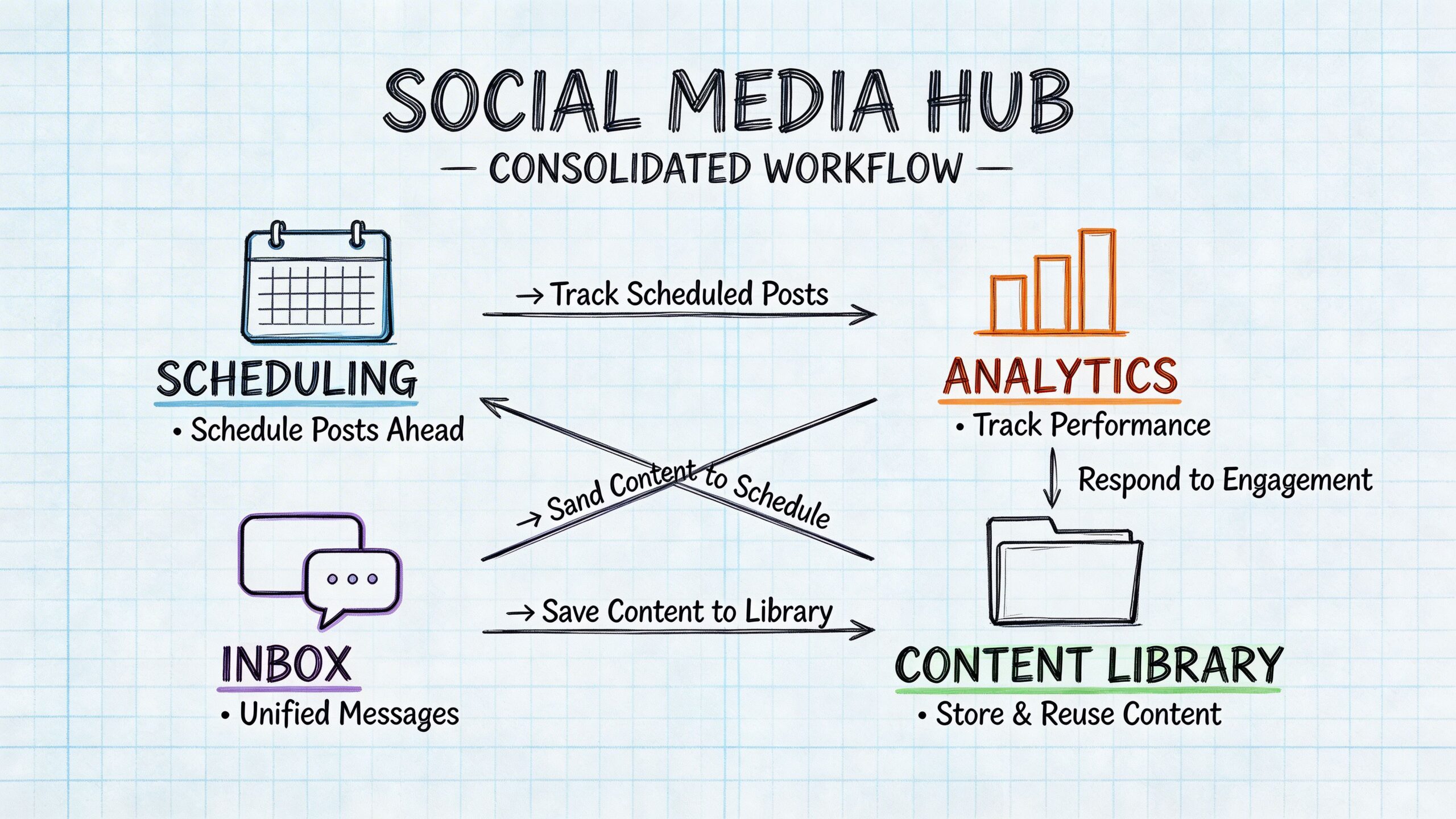 A hand-drawn diagram illustrating a consolidated workflow for a social media management hub.