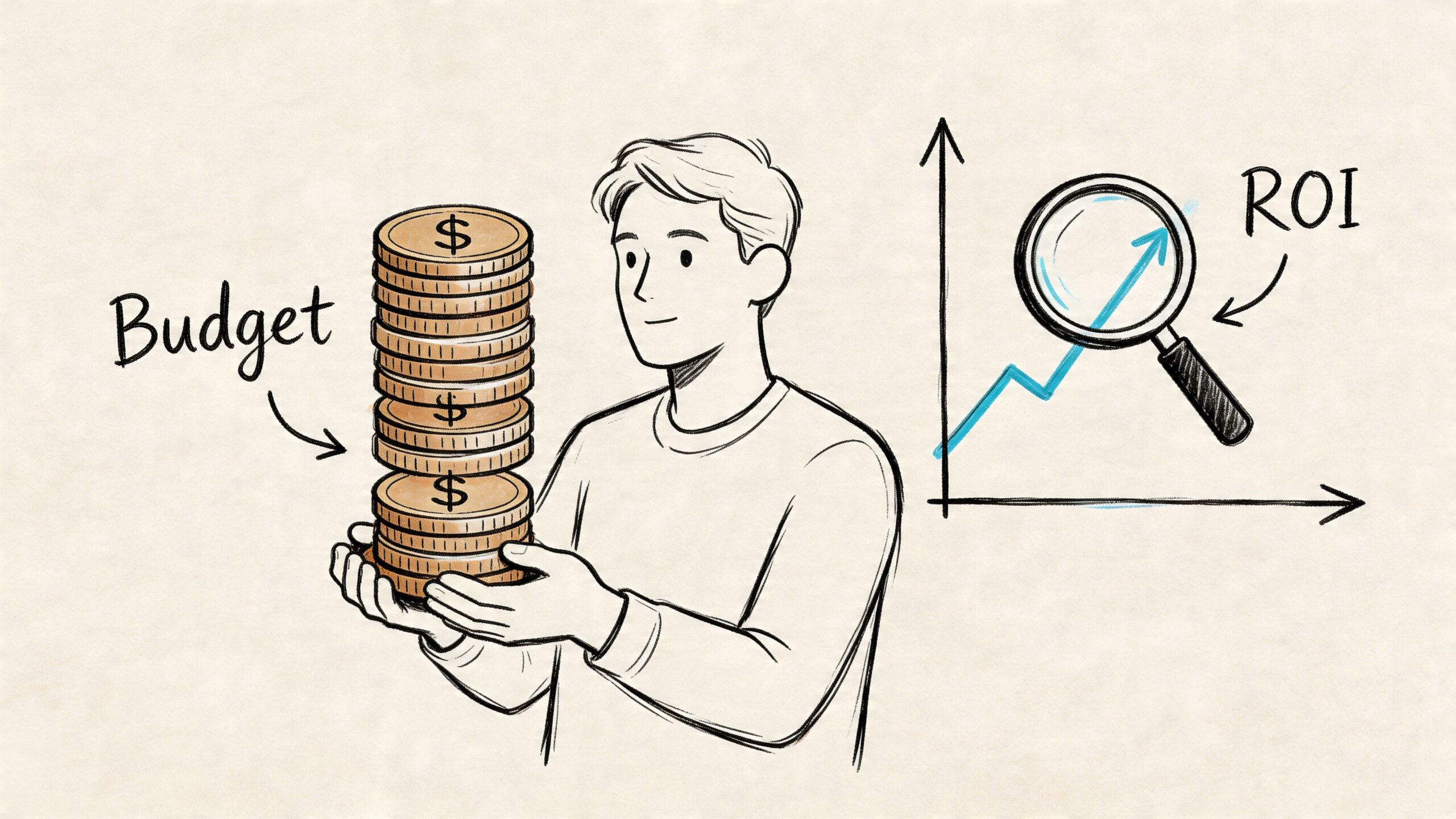 A man holding a stack of gold coins representing budget next to a rising ROI graph.