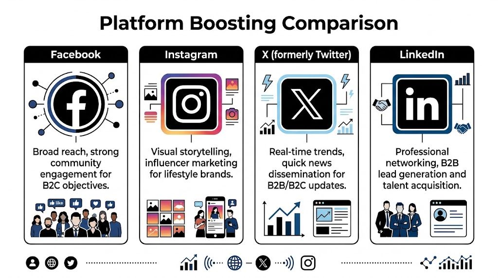 A comparison infographic detailing the strategic marketing strengths and ideal use cases for Facebook, Instagram, X, and LinkedIn.