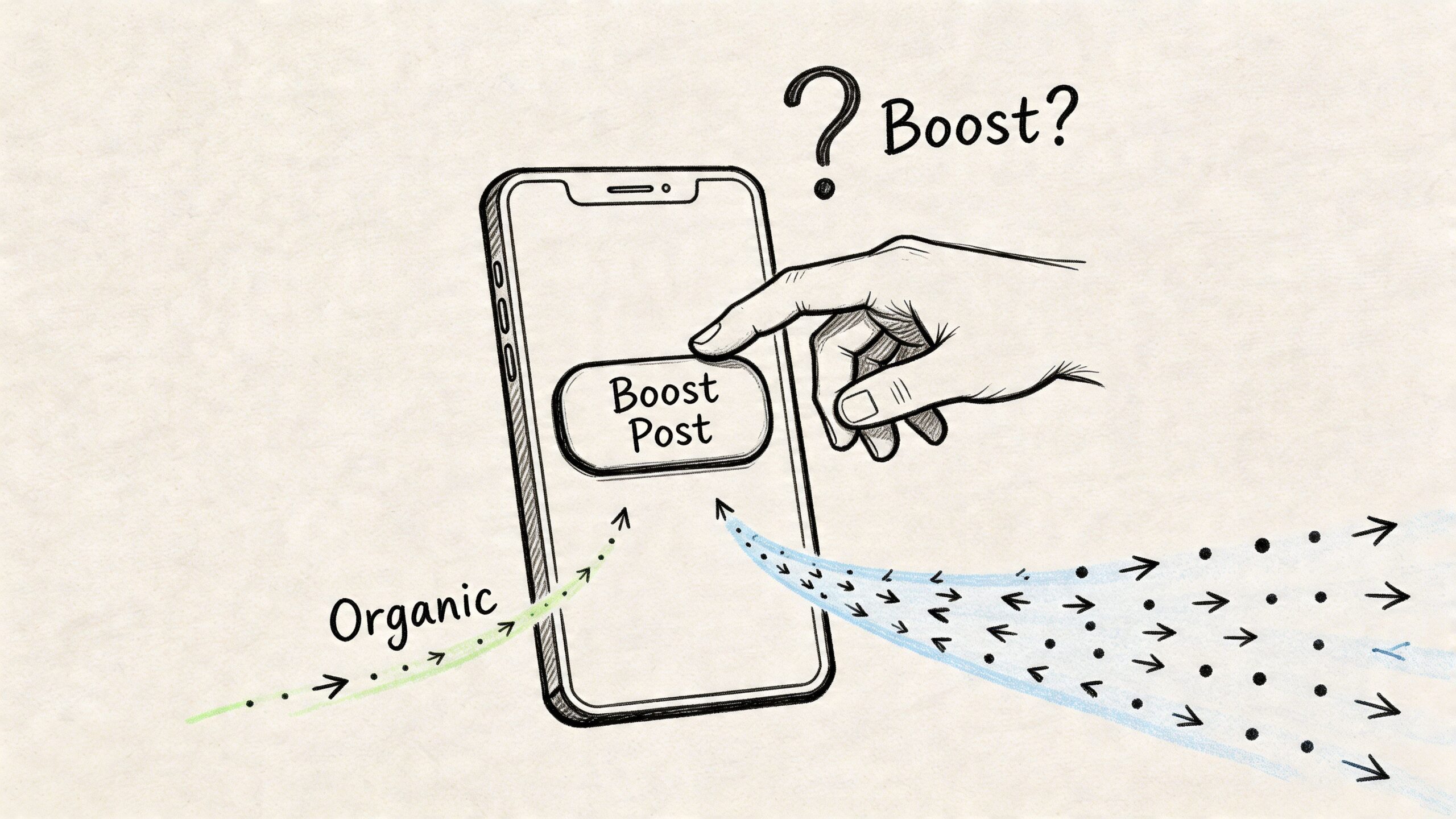 A hand hovering over a smartphone screen with a Boost Post button, illustrating social media marketing strategies.