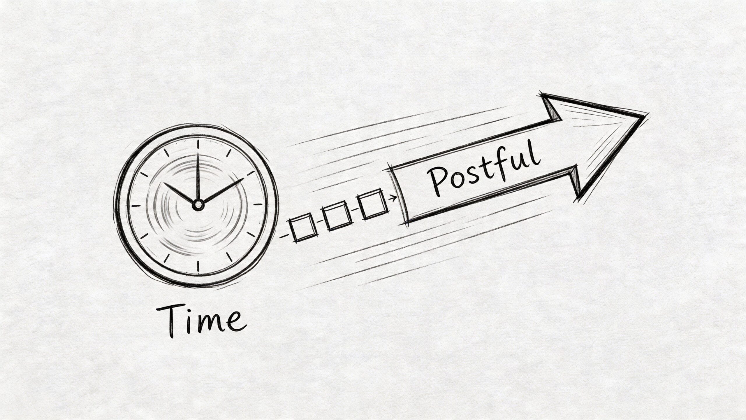 A pencil sketch of a clock labeled Time transitioning into an arrow labeled Postful, representing post-scheduling.