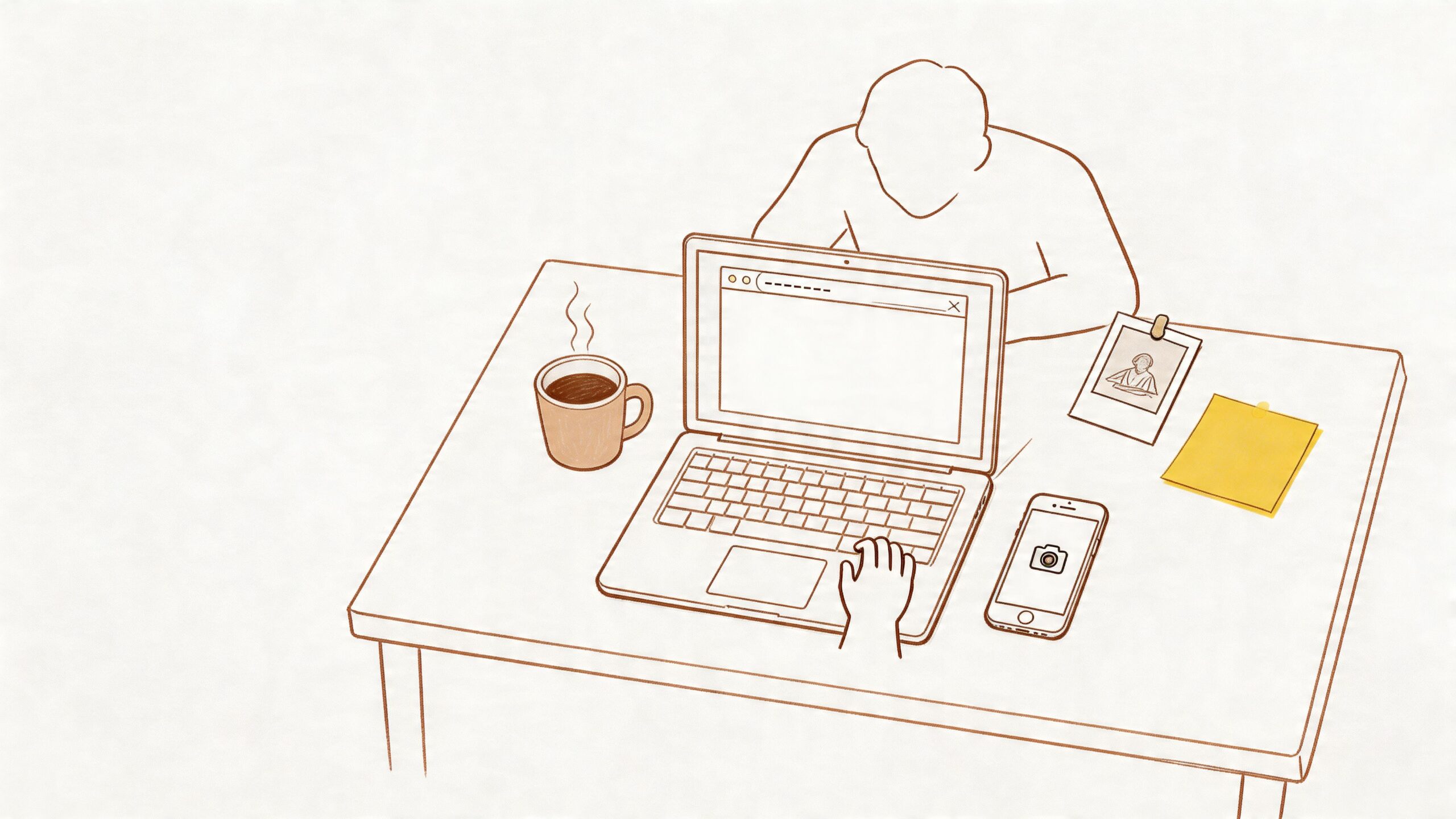 A person sitting at a desk with a laptop, coffee, smartphone, and a yellow notepad.
