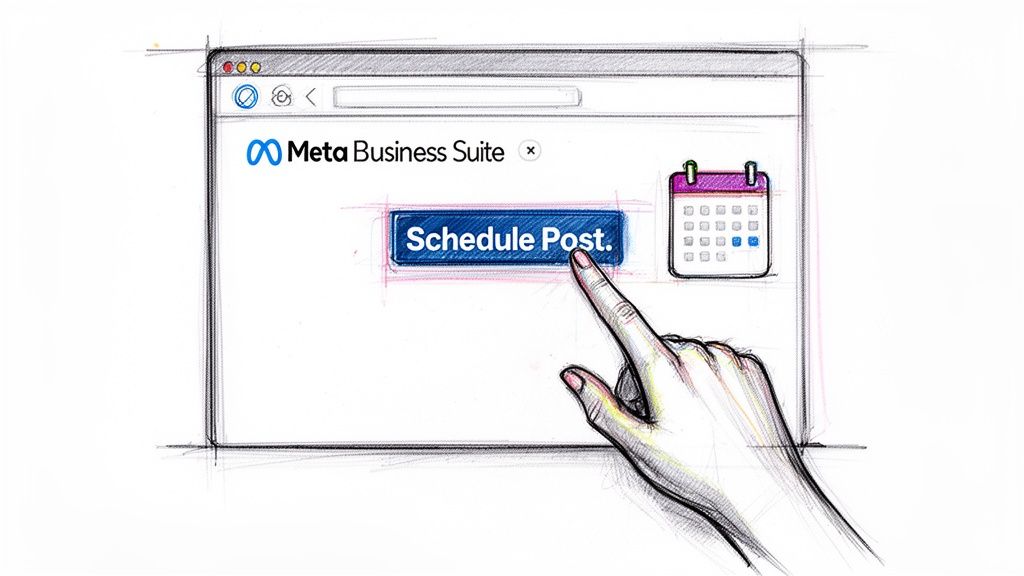 A hand selecting the schedule post button in the Meta Business Suite interface for social media management.