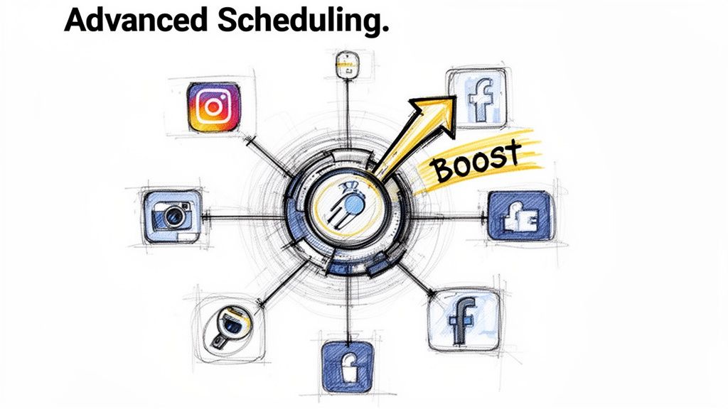 A hand-drawn illustration showing a central hub connecting to various social media icons for scheduling.