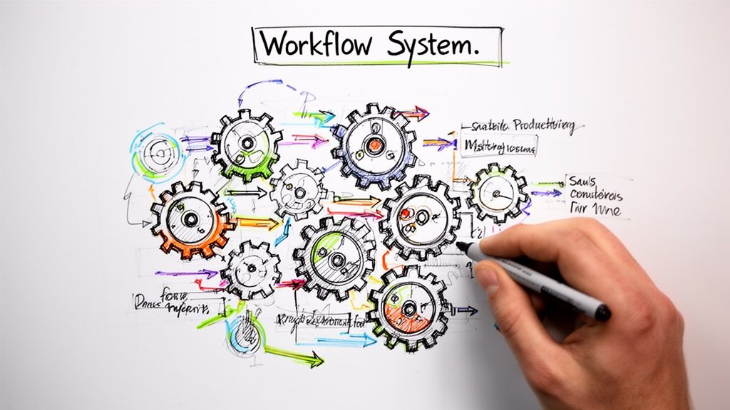 A hand drawing a complex workflow system diagram with interconnected gears and arrows on a white surface.