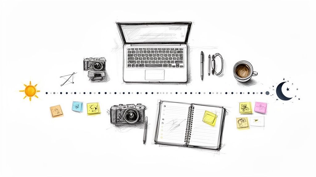 Sketched flat lay of a creative desk with laptop, cameras, notebook, coffee, tracing a day's workflow.