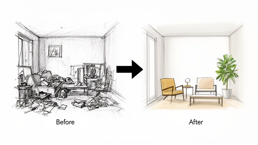Before and after sketch showing a cluttered room transformed into a tidy, minimalist space.