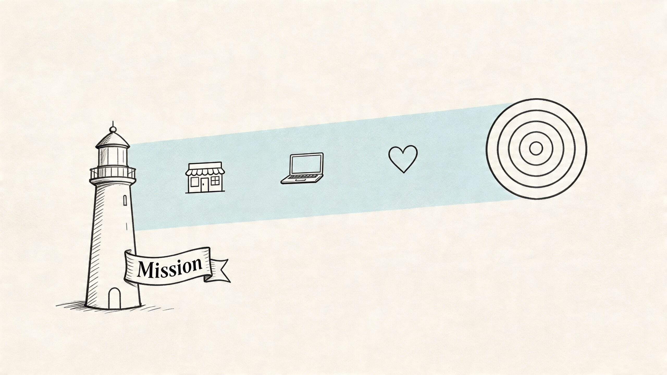 A hand-drawn illustration of a lighthouse shining a beam of light toward a target with icons.