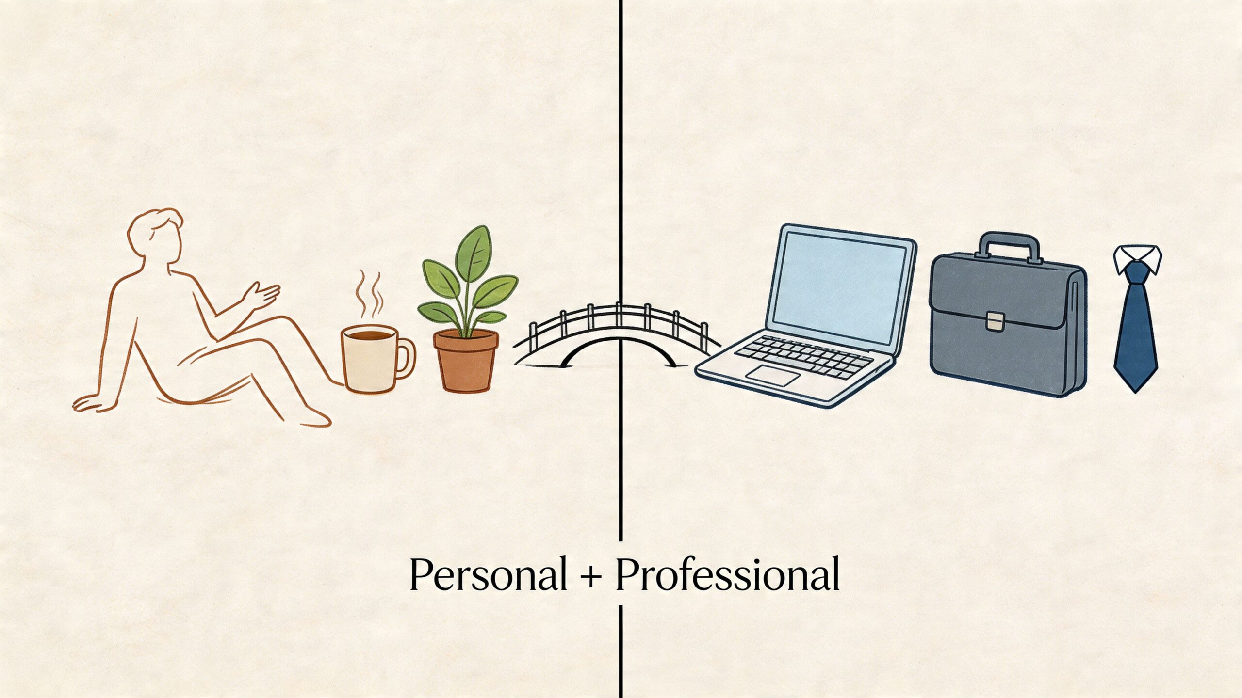 A conceptual illustration dividing personal life items like a person and plant from professional office tools.