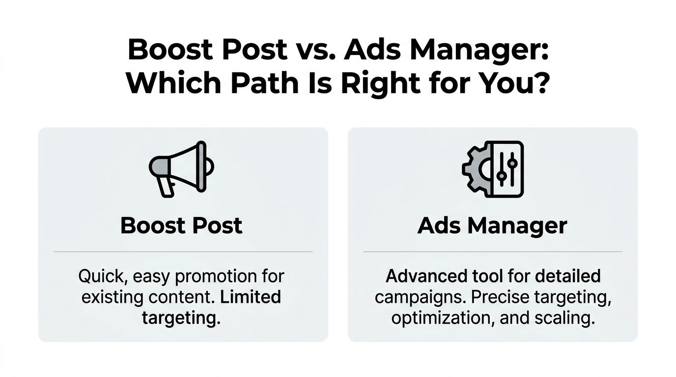 A comparison chart showing the differences between Facebook Boost Post and Ads Manager for marketing.
