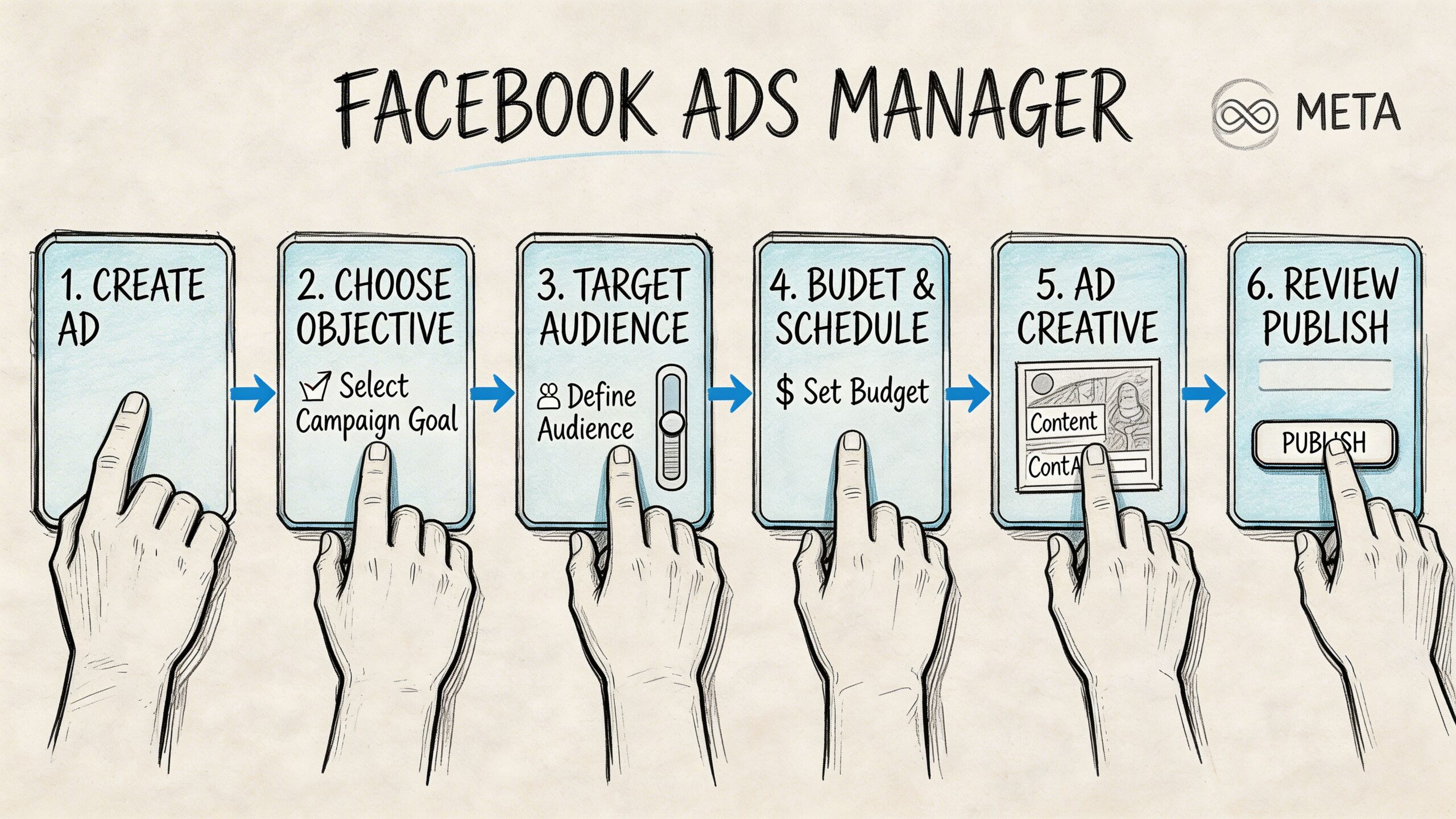 A hand-drawn illustration showing the six-step process for creating and publishing advertisements in Meta Ads Manager.