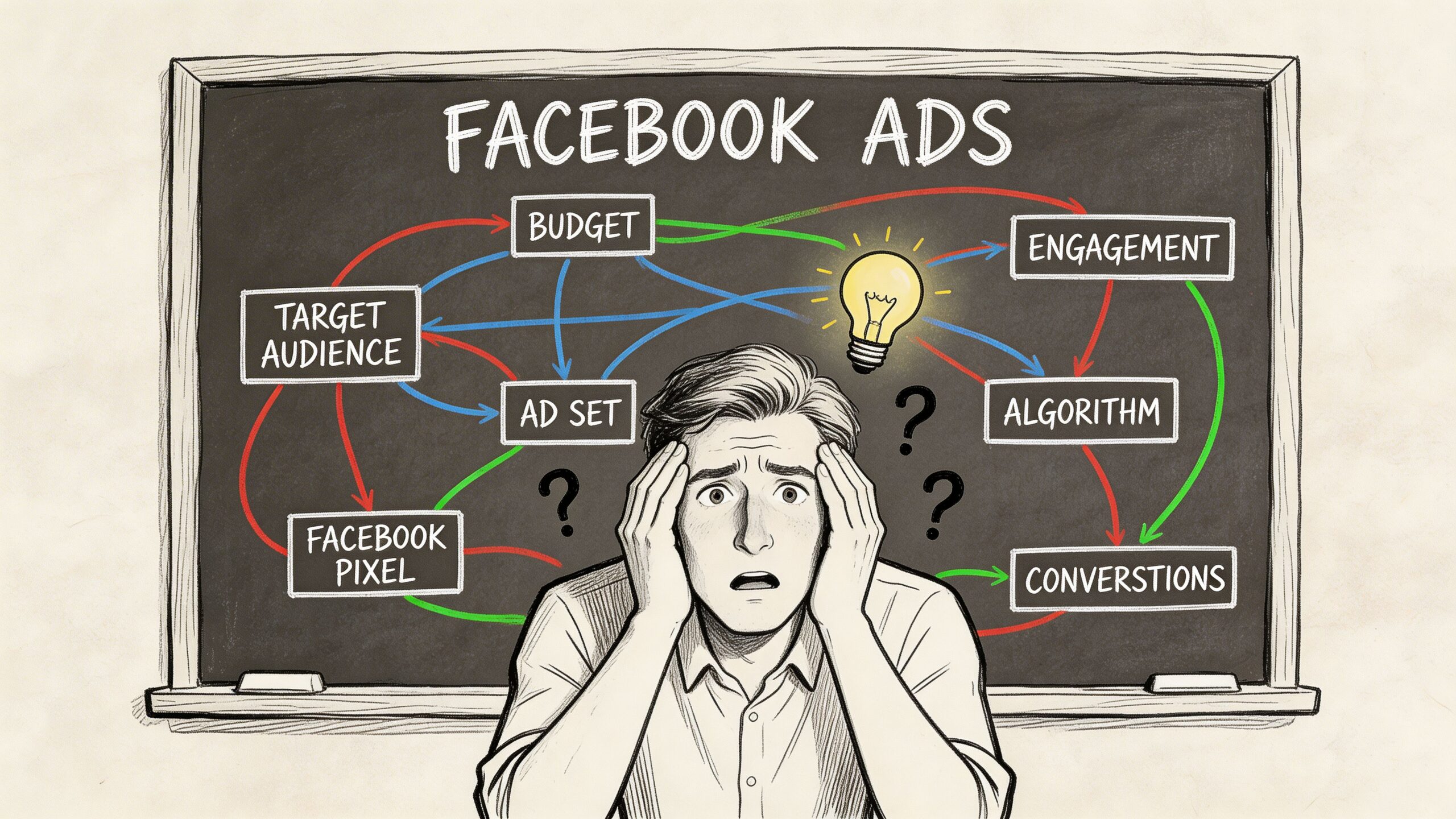 A stressed man looking at a blackboard titled Facebook Ads with complex diagrams and business concepts.