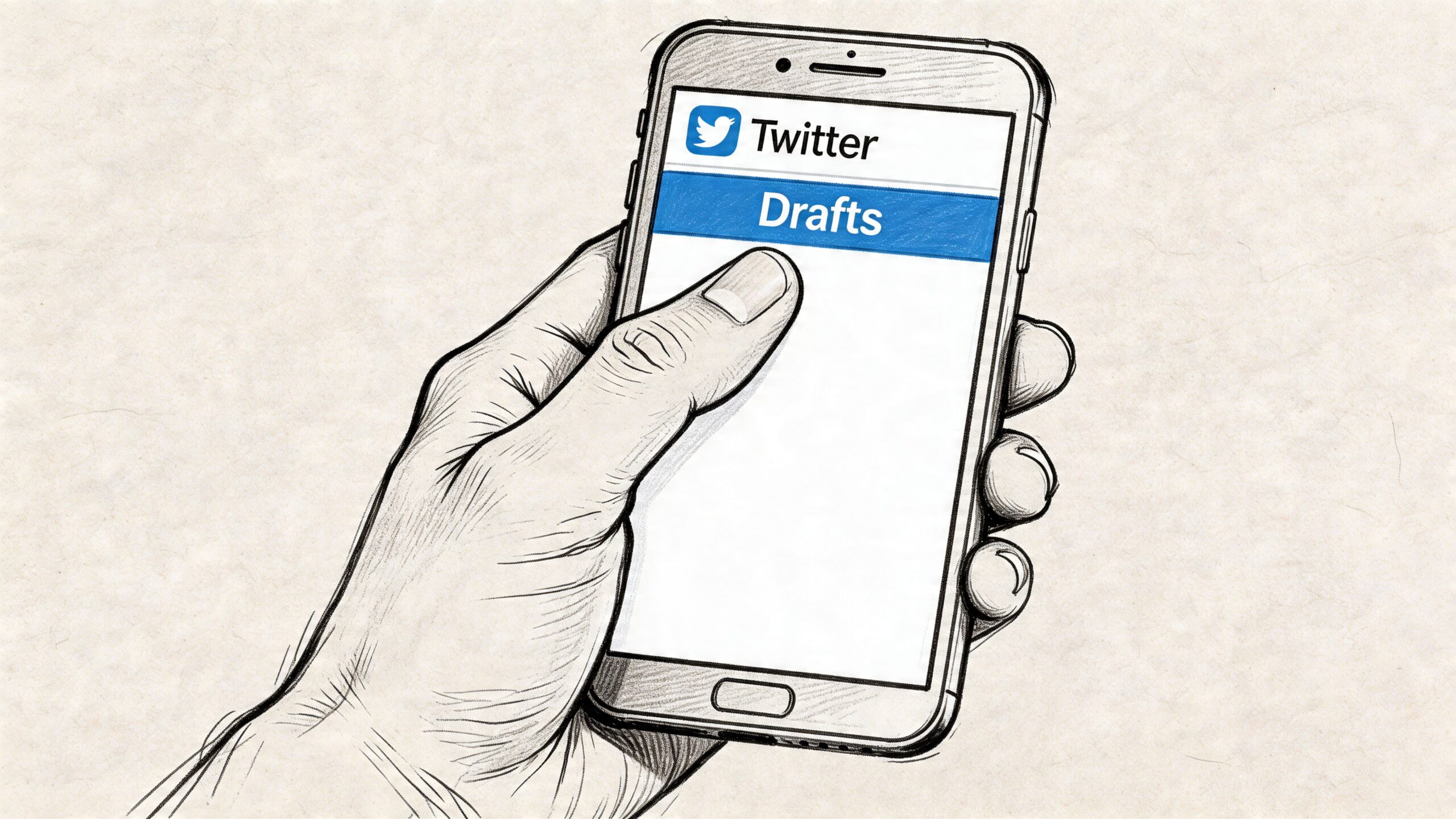 A hand holding a smartphone displaying the Twitter drafts folder screen on a plain background.