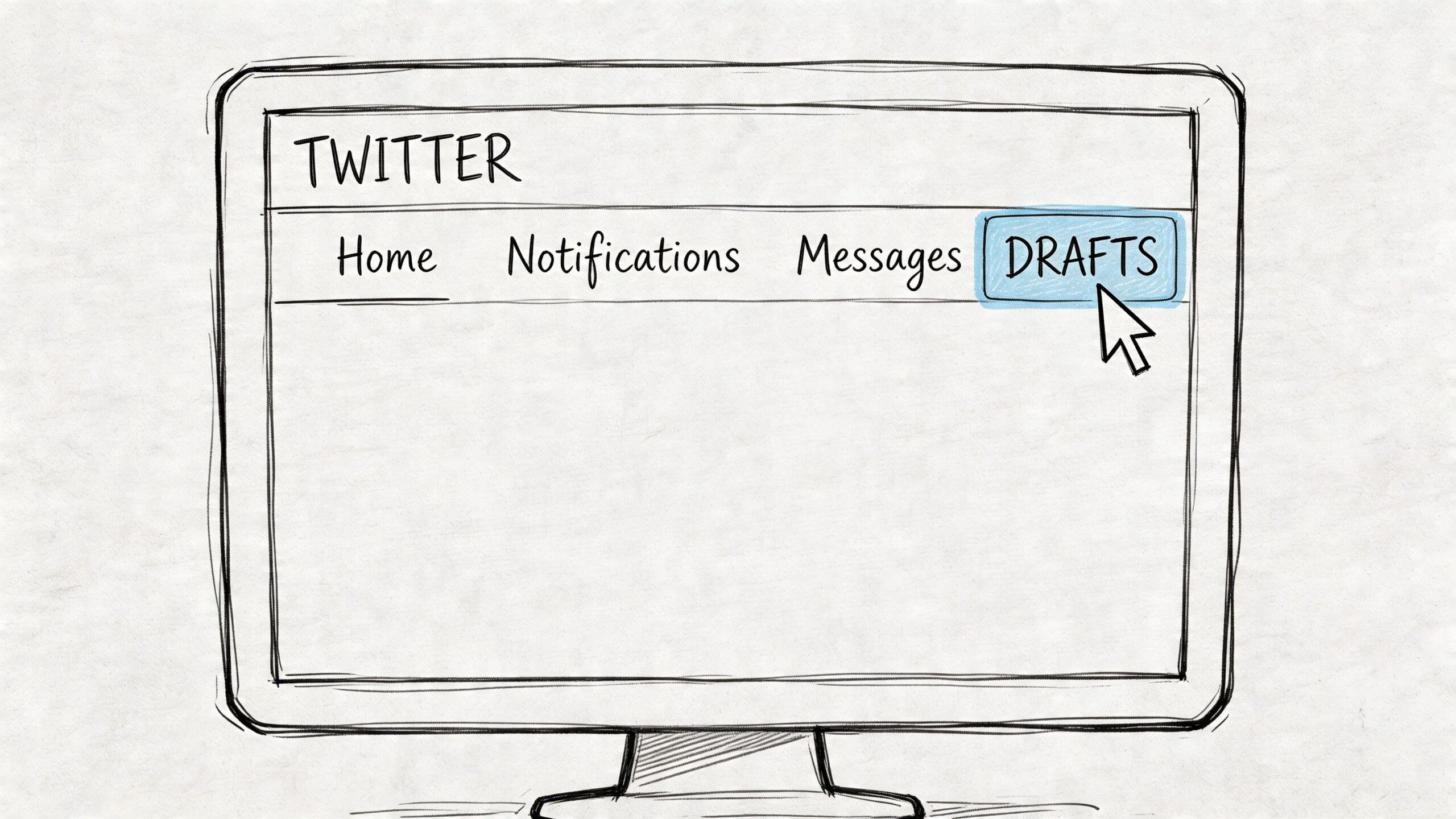 A hand-drawn illustration of a computer screen showing a Twitter navigation menu with the Drafts button highlighted.