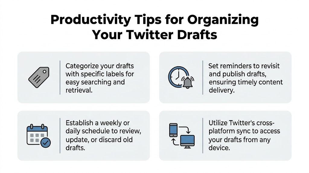 An infographic displaying four productivity tips for organizing Twitter drafts including categorization, scheduling, reminders, and syncing.