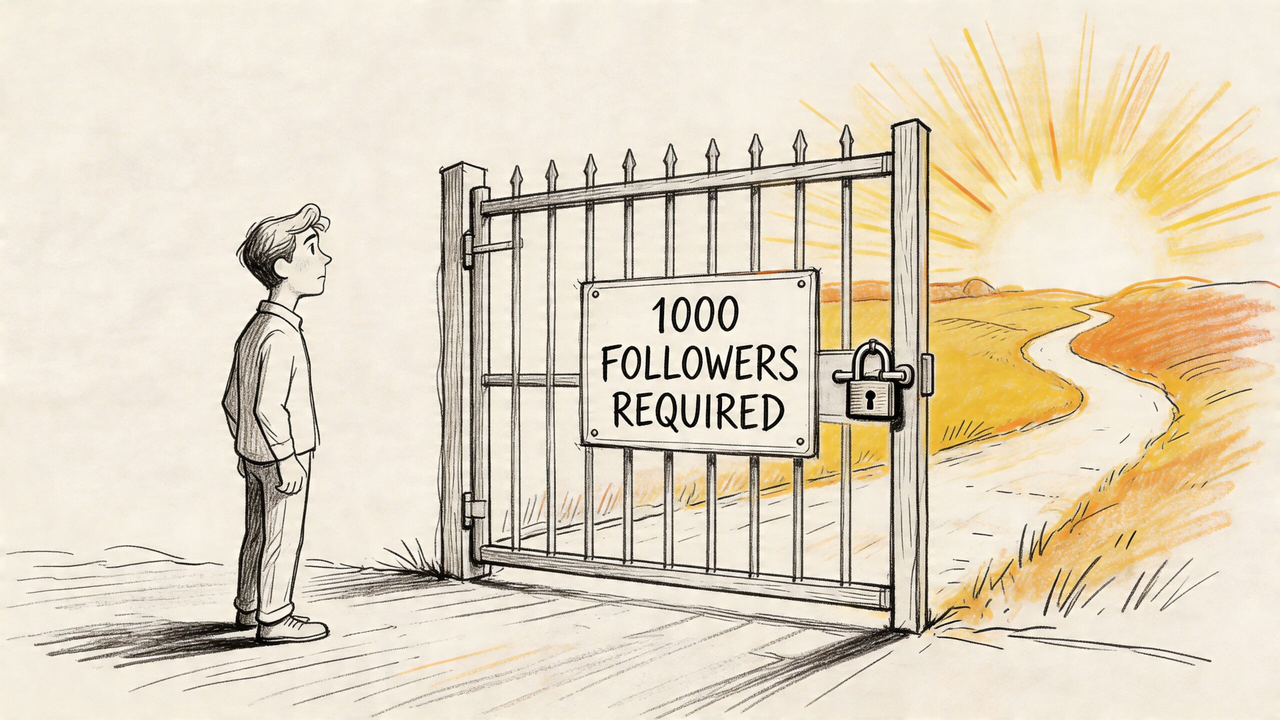 A sketched illustration showing a young person standing before a locked gate requiring 1000 followers.