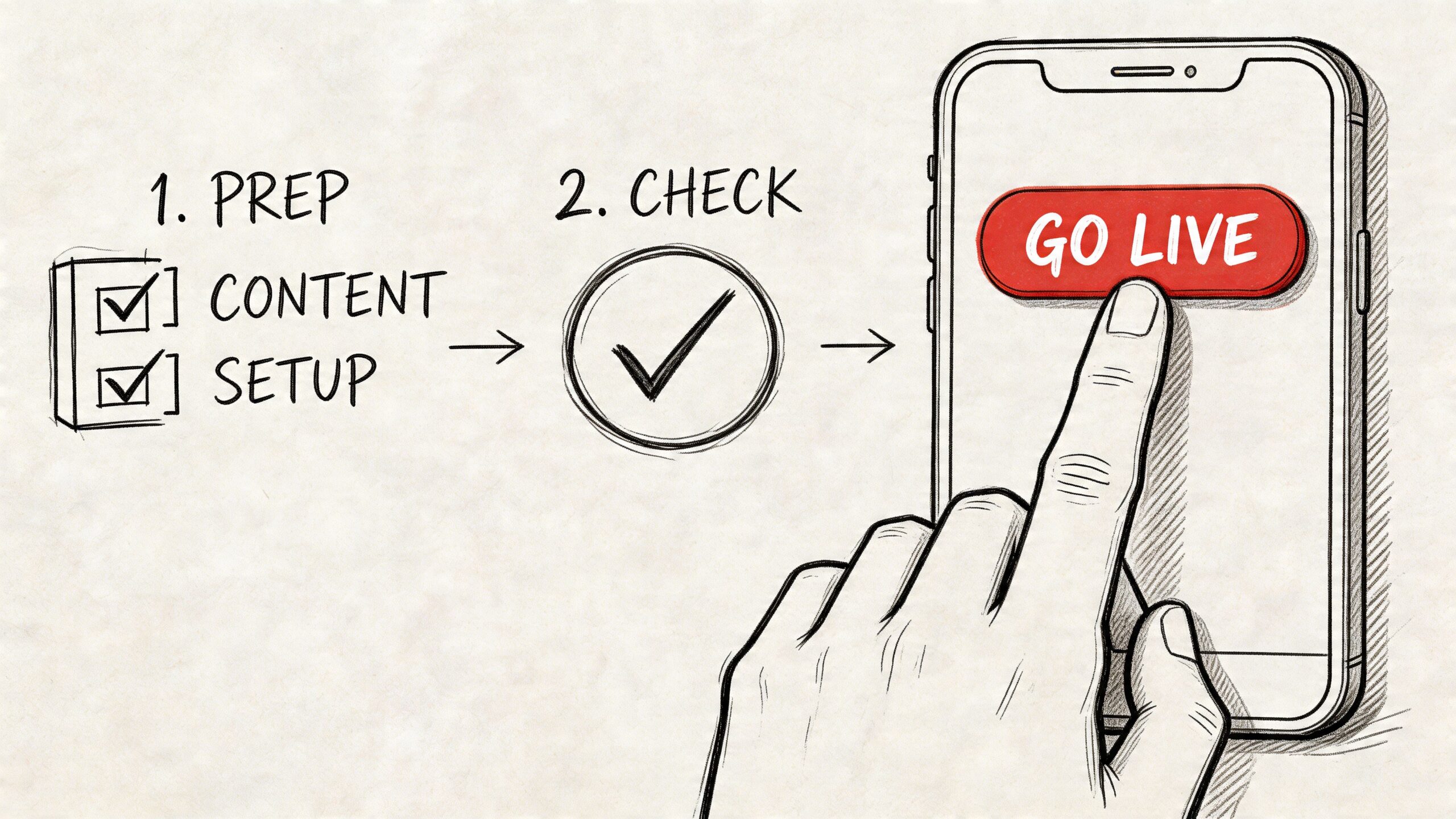 A hand pressing a Go Live button on a smartphone screen, depicting a step-by-step preparation process.