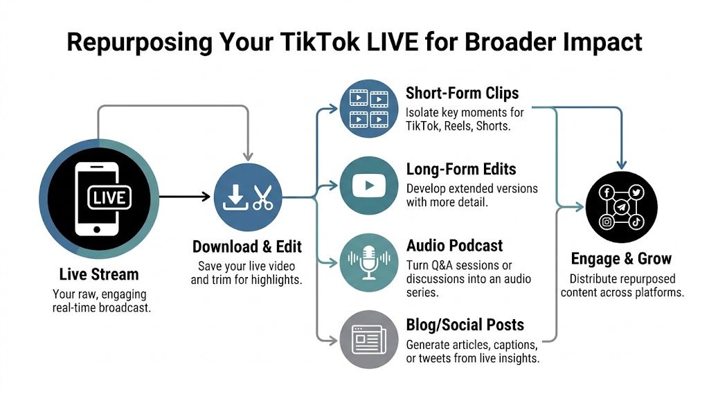 An infographic illustrating the workflow for repurposing TikTok LIVE video content into various social media formats.