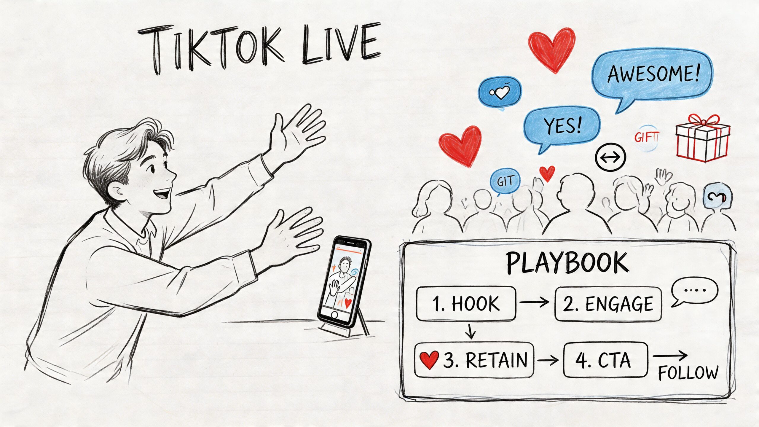 A hand-drawn illustration detailing a TikTok Live playbook strategy featuring a creator, audience engagement, and steps.