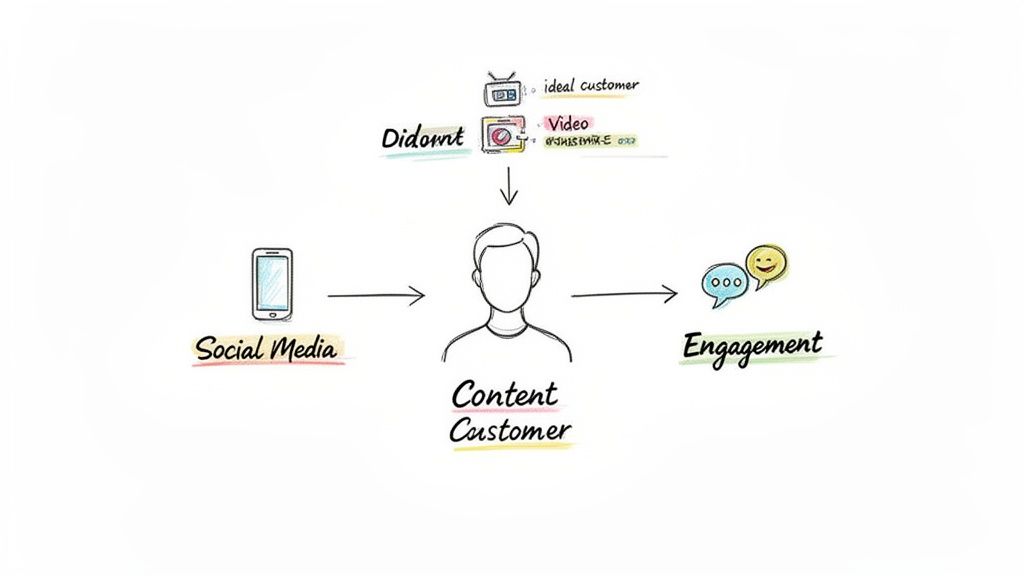 A marketing flowchart illustrating content delivery to a customer, followed by social media and engagement.