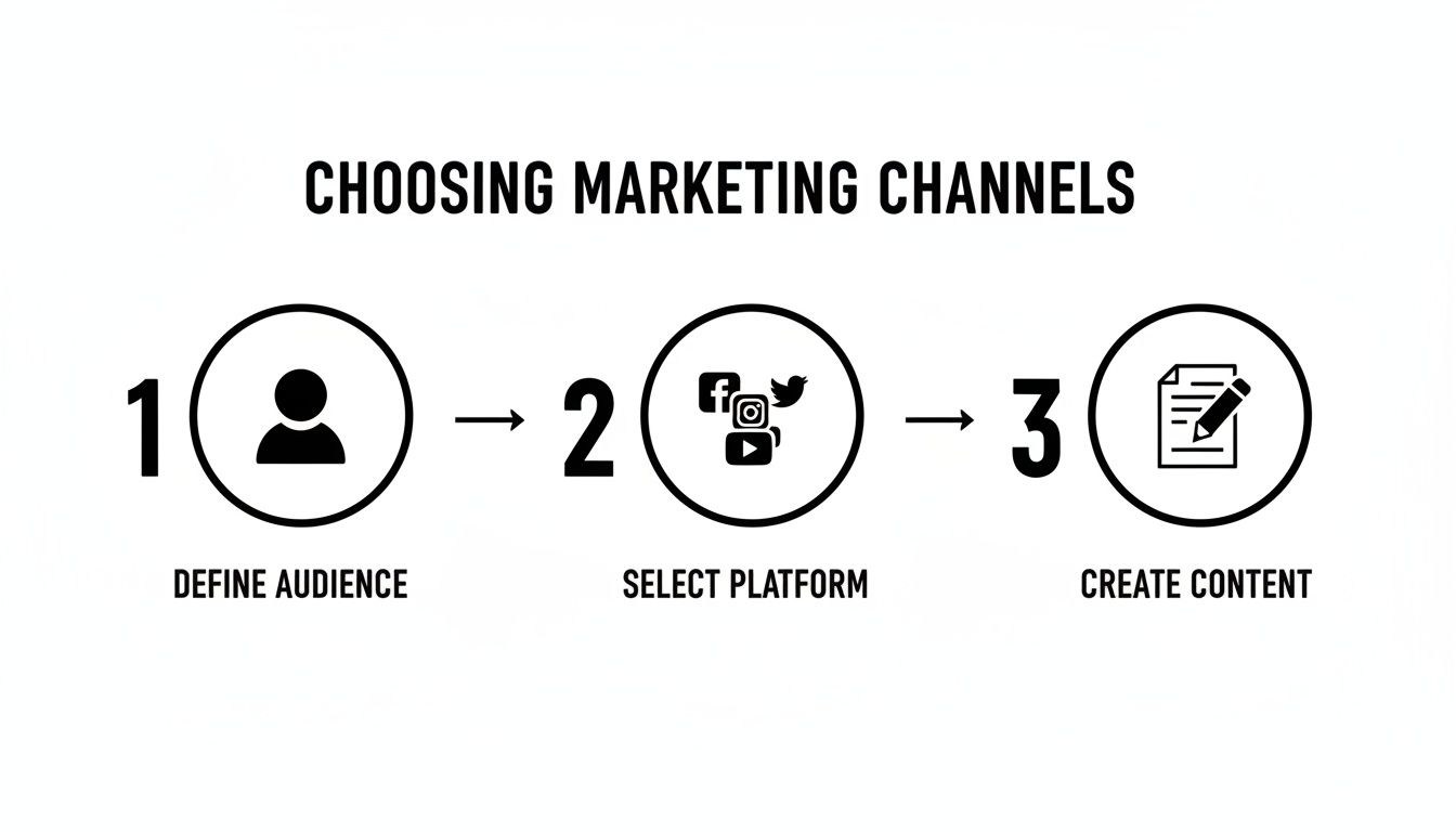 An infographic showing three steps for choosing marketing channels: define audience, select platform, create content.