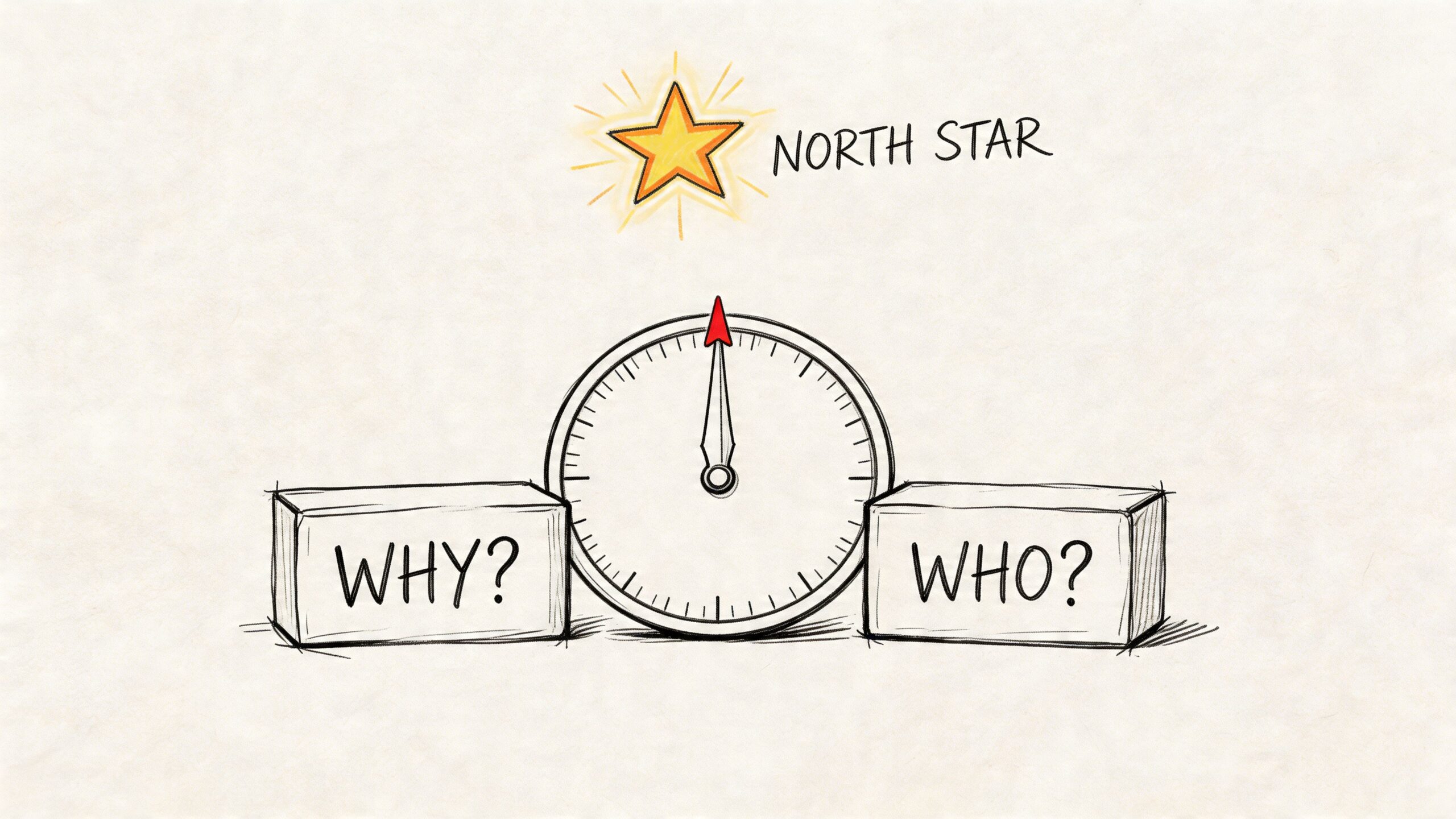 A hand-drawn illustration featuring a gauge centered between blocks labeled Why and Who with a North Star.
