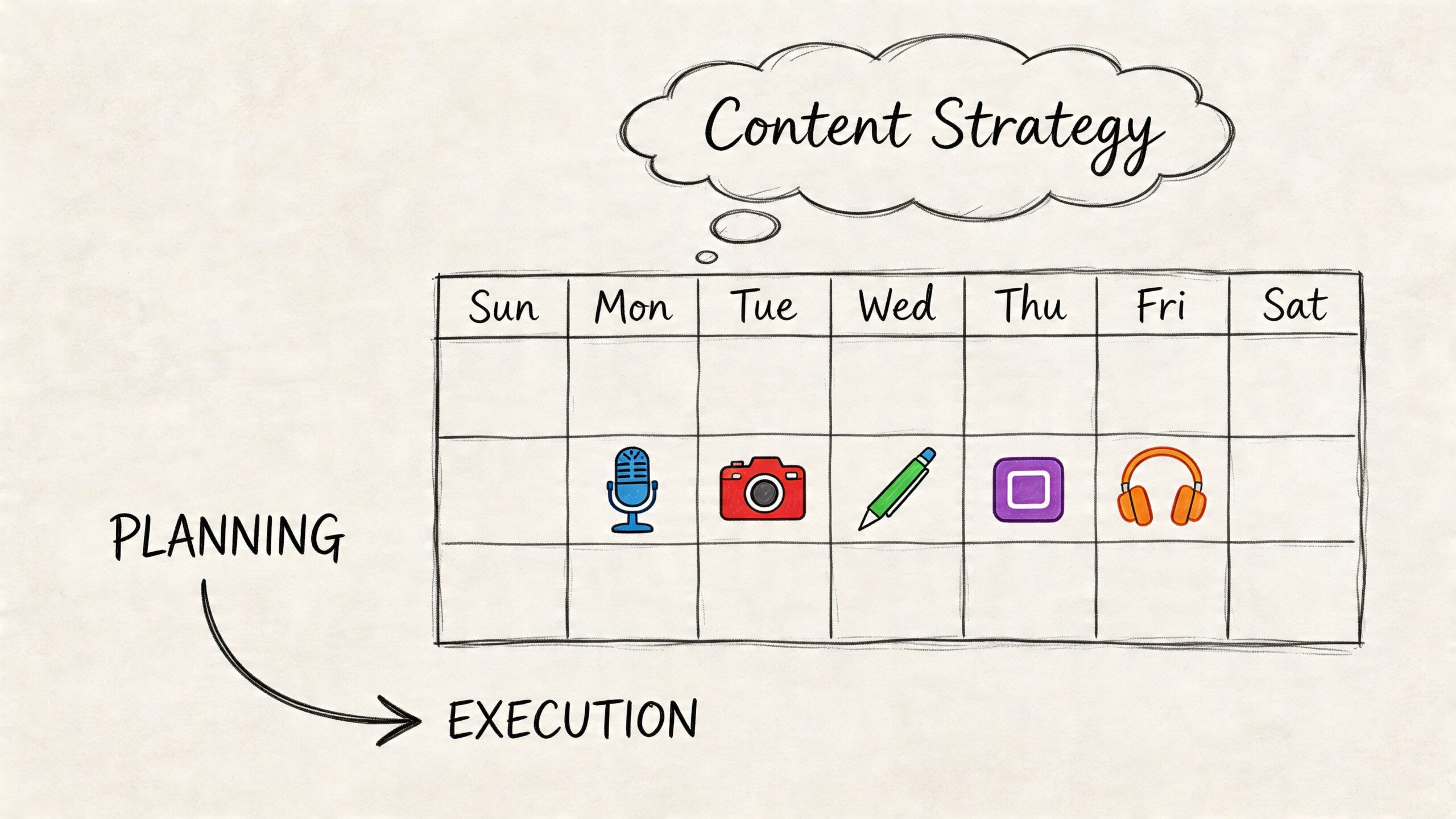 A hand-drawn calendar illustration representing a weekly content strategy with icons for planning and execution.