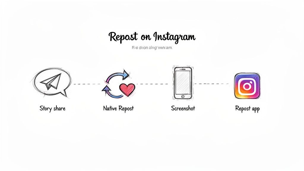 A diagram illustrating four methods for reposting on Instagram: Story share, Native Repost, Screenshot, and Repost app.