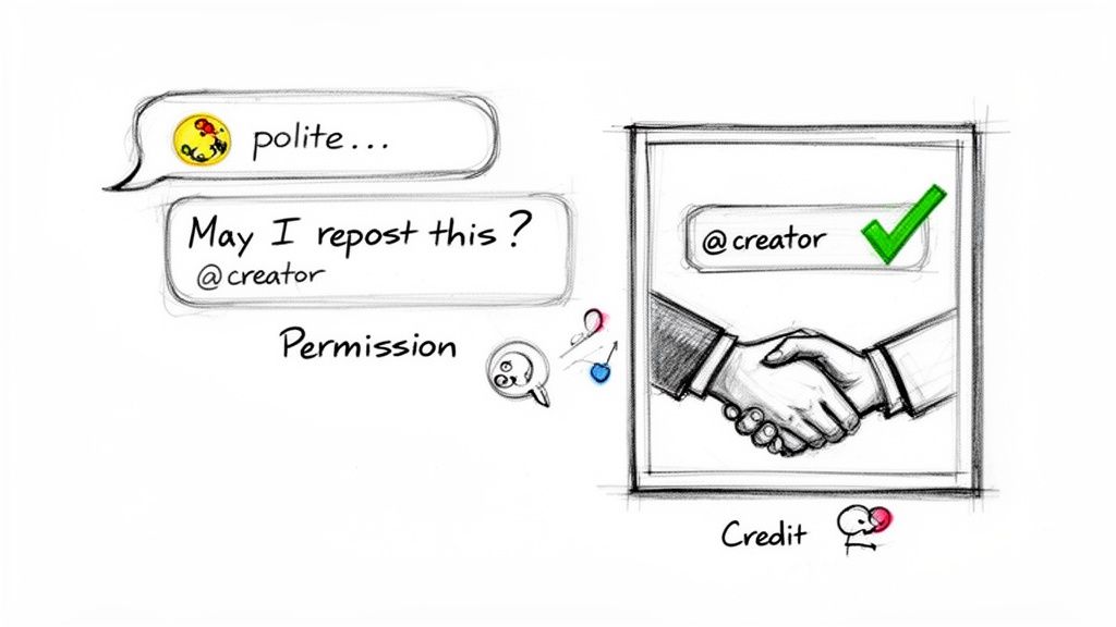 Illustration showing how to politely ask a creator for permission to repost content and give credit.