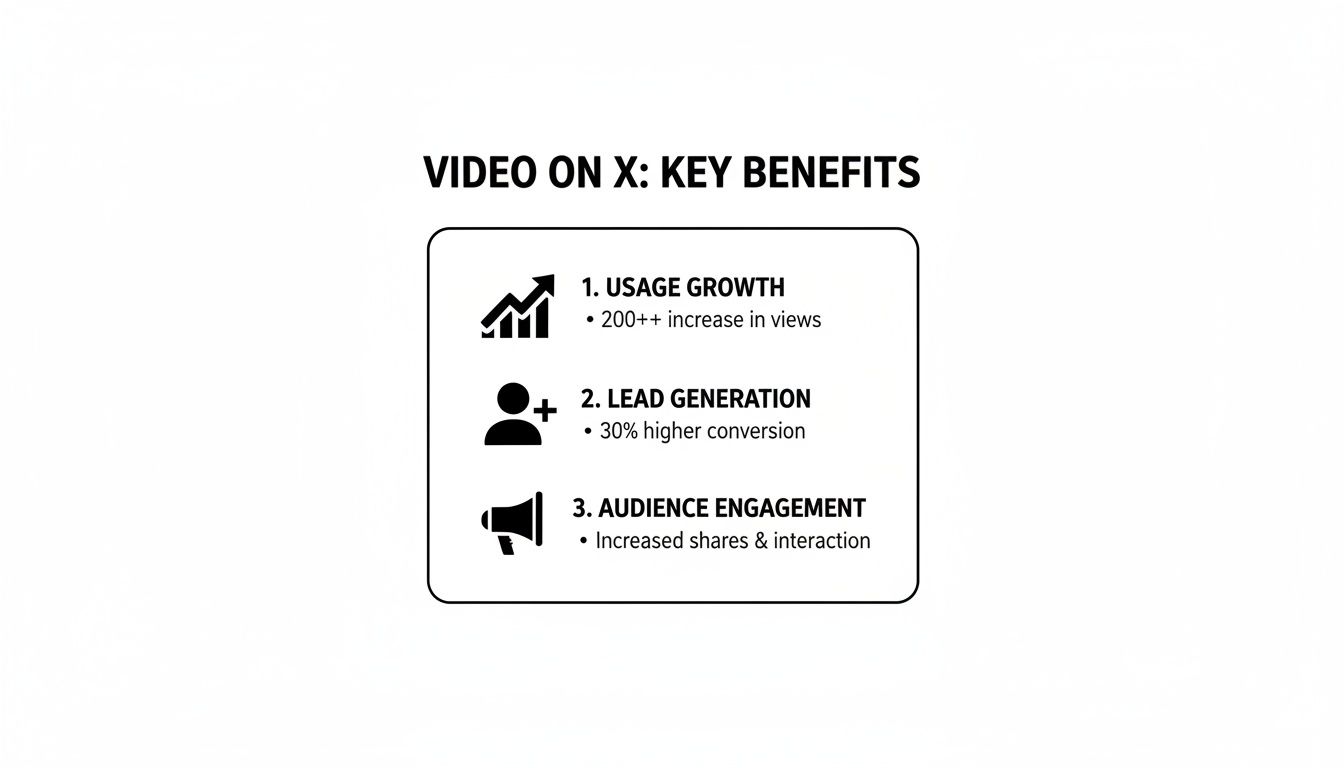 Infographic detailing key benefits of video on X, including usage growth, lead generation, and audience engagement.