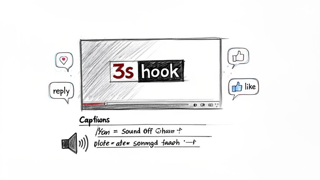 Sketch of a video player showing '3s hook', with social media engagement icons and caption notes.