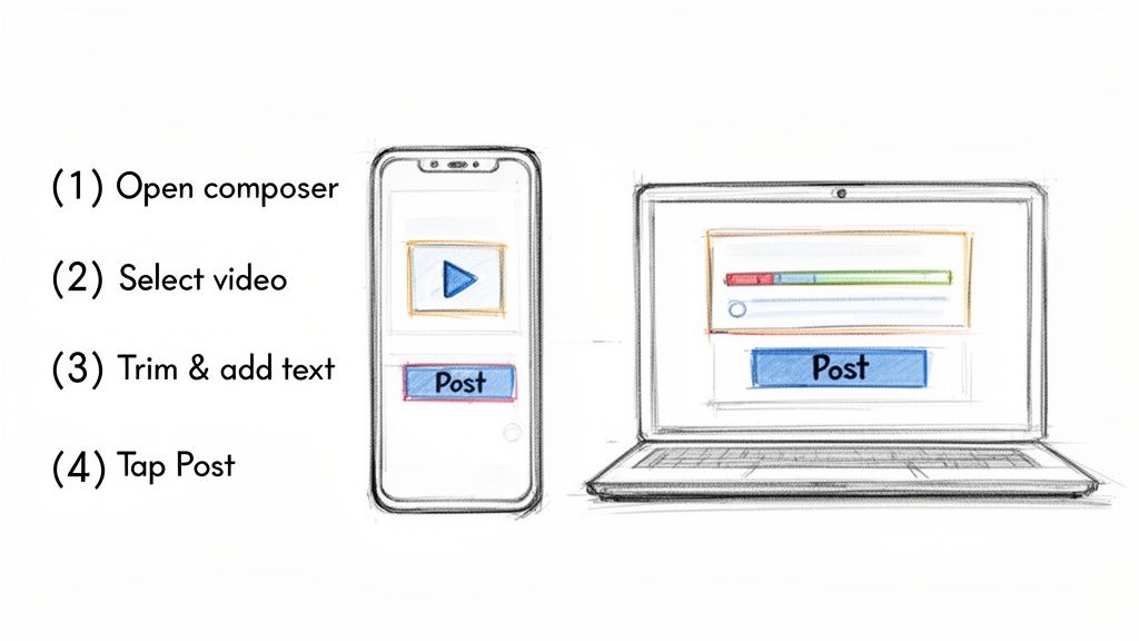 Illustration showing four steps to upload a video on social media using a phone or laptop.