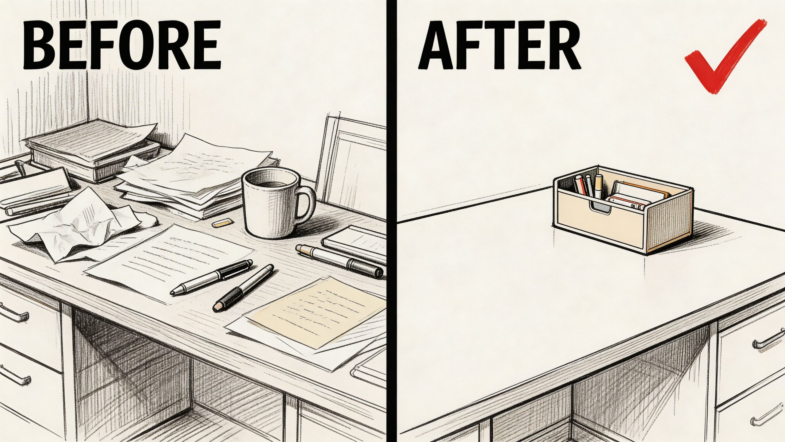 A split image showing a cluttered desk labeled before and a clean organized desk labeled after.