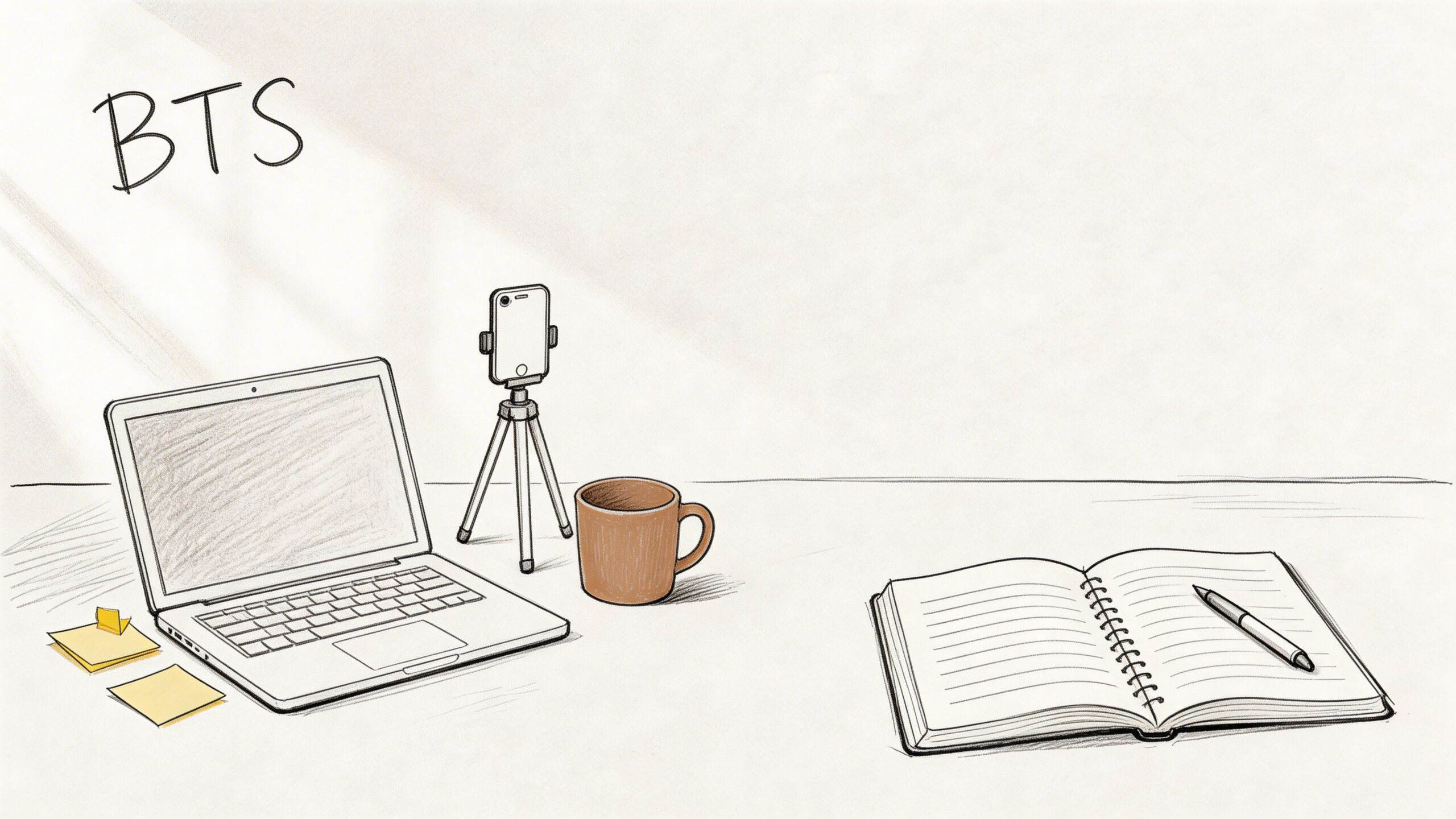 A hand-drawn illustration of a desk workspace featuring a laptop, phone on tripod, mug, and open notebook.
