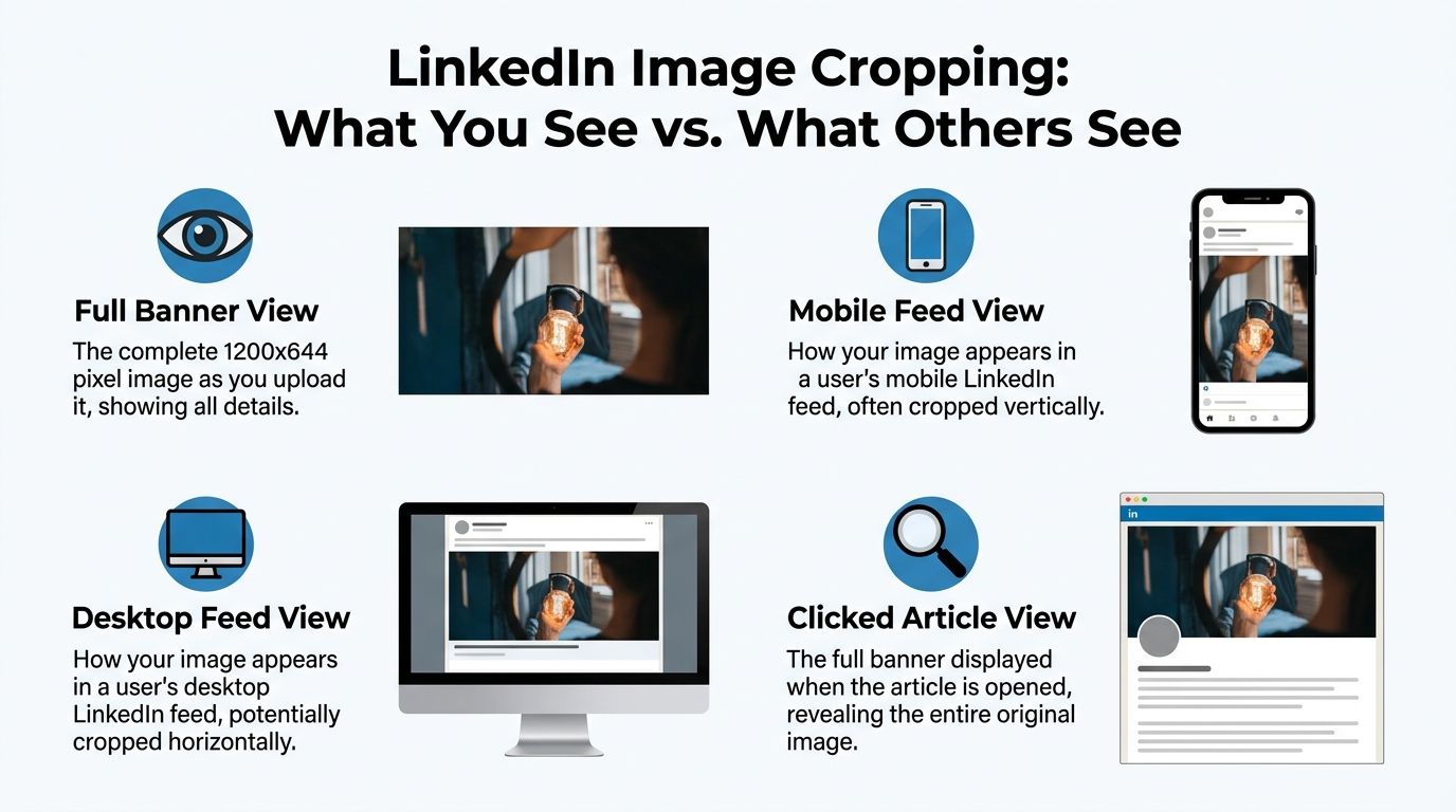 An infographic showing how LinkedIn article banner images are cropped across mobile, desktop, and full view modes.