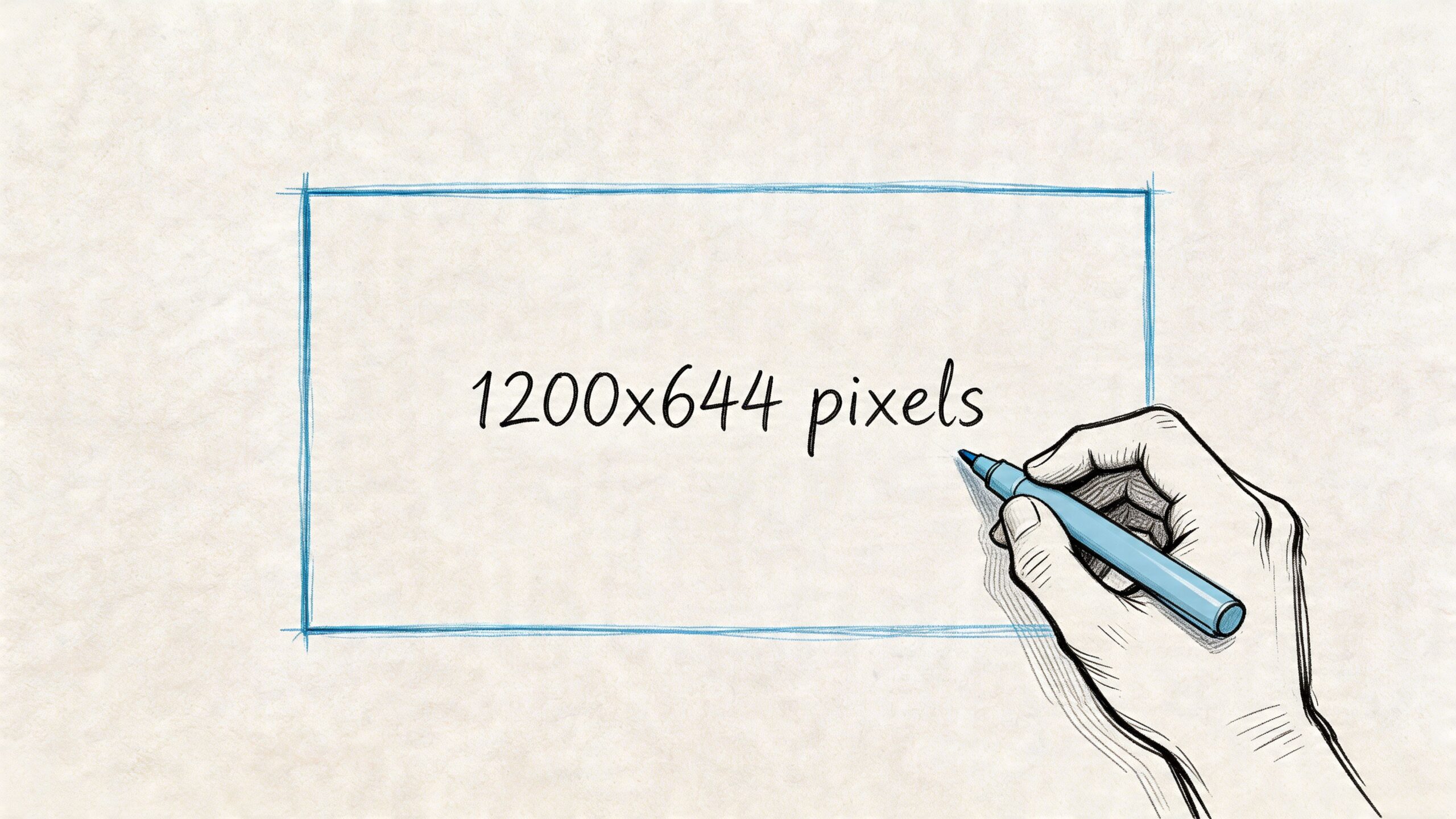 A hand drawing a rectangular frame with the text 1200x644 pixels written in the center.